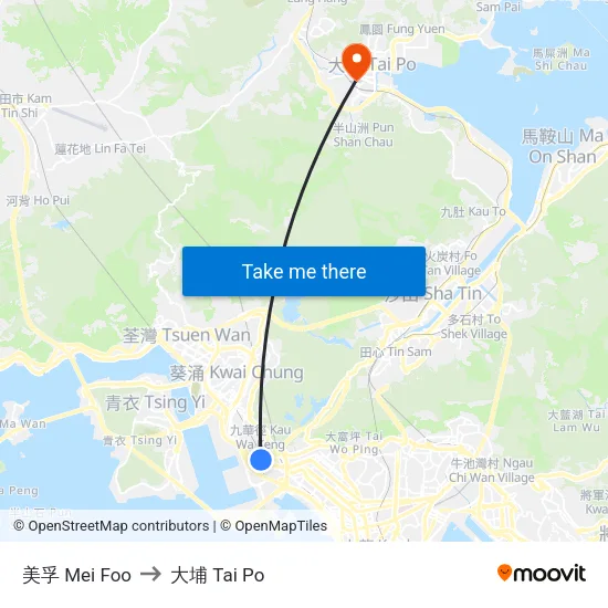 美孚 Mei Foo to 大埔 Tai Po map