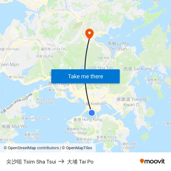 尖沙咀 Tsim Sha Tsui to 大埔 Tai Po map