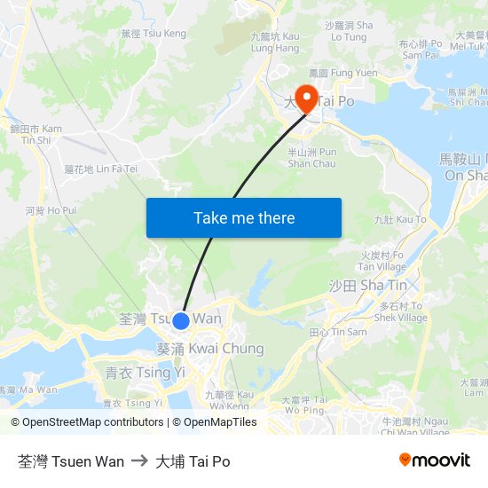 荃灣 Tsuen Wan to 大埔 Tai Po map