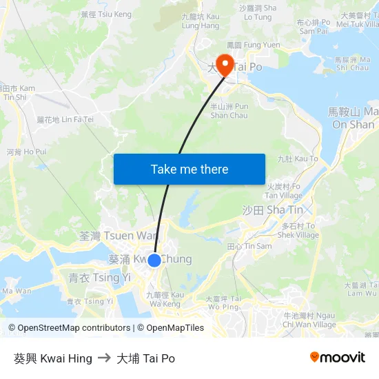 葵興 Kwai Hing to 大埔 Tai Po map