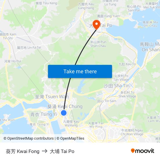 葵芳 Kwai Fong to 大埔 Tai Po map