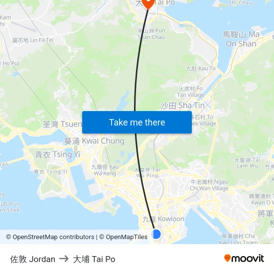 佐敦 Jordan to 大埔 Tai Po map