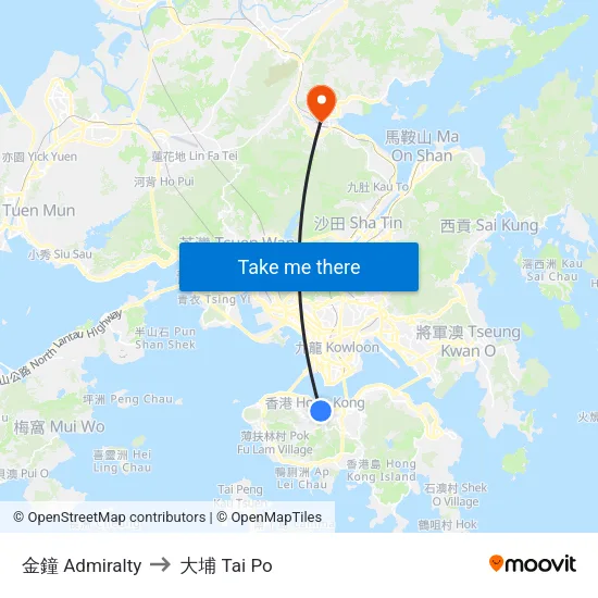 金鐘 Admiralty to 大埔 Tai Po map