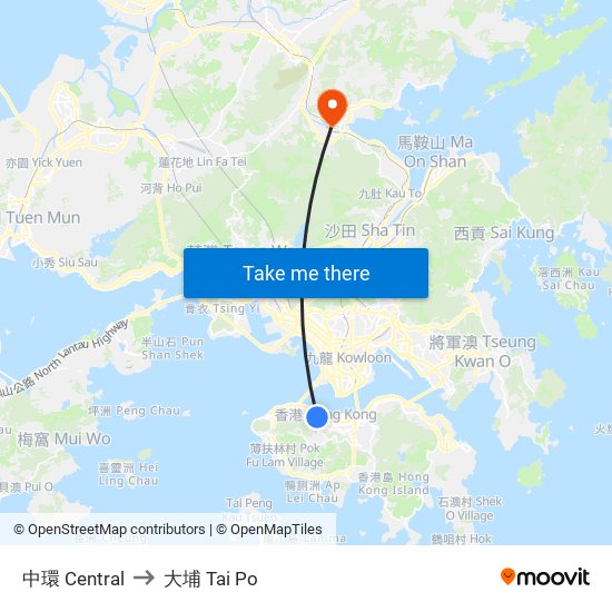 中環 Central to 大埔 Tai Po map