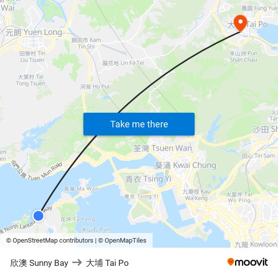 欣澳 Sunny Bay to 大埔 Tai Po map