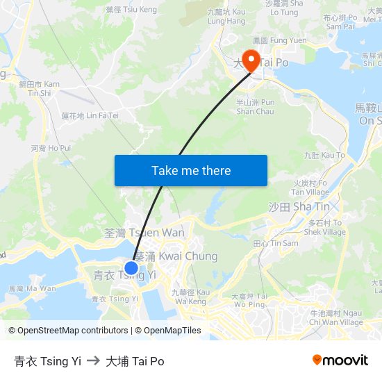 青衣 Tsing Yi to 大埔 Tai Po map