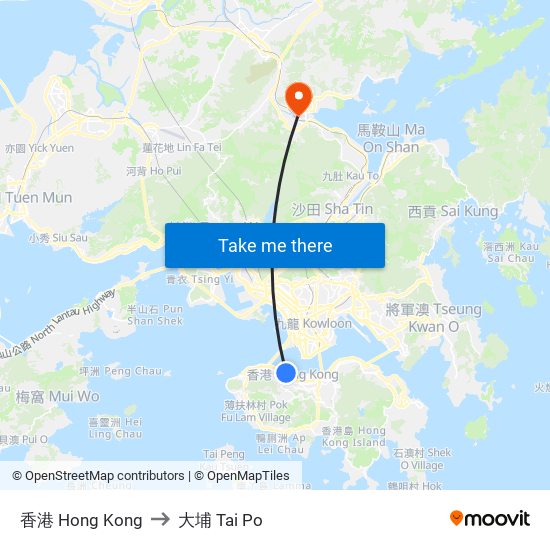 香港 Hong Kong to 大埔 Tai Po map