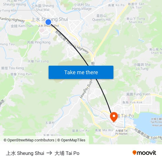 上水 Sheung Shui to 大埔 Tai Po map