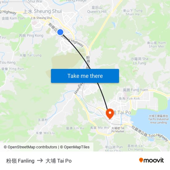 粉嶺 Fanling to 大埔 Tai Po map