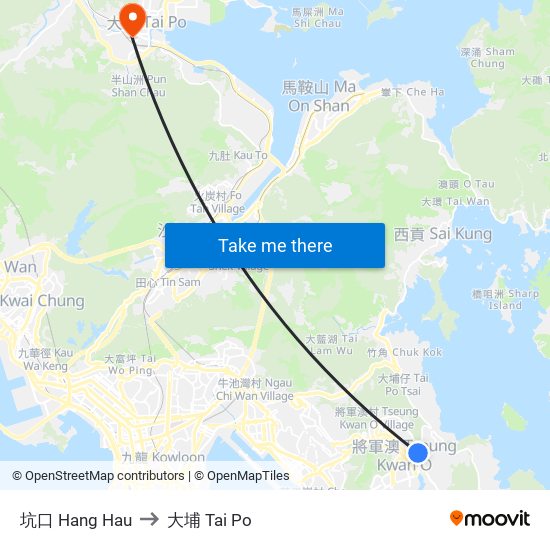 坑口 Hang Hau to 大埔 Tai Po map