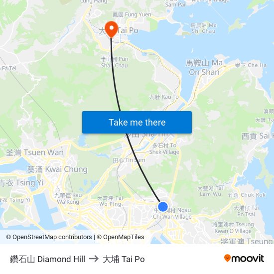 鑽石山 Diamond Hill to 大埔 Tai Po map