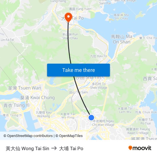 黃大仙 Wong Tai Sin to 大埔 Tai Po map