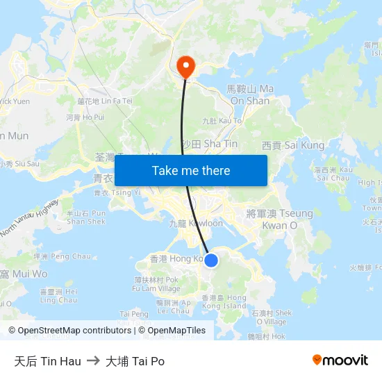 天后 Tin Hau to 大埔 Tai Po map