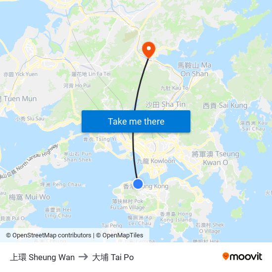 上環 Sheung Wan to 大埔 Tai Po map