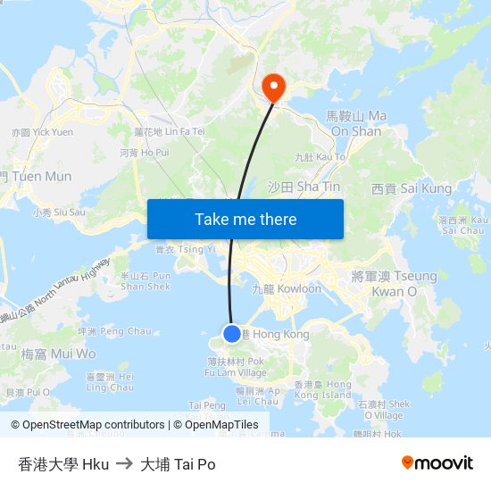香港大學 Hku to 大埔 Tai Po map