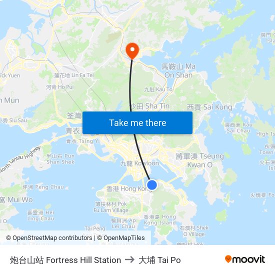 炮台山站 Fortress Hill Station to 大埔 Tai Po map