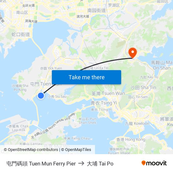 屯門碼頭 Tuen Mun Ferry Pier to 大埔 Tai Po map