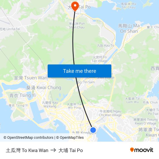 土瓜灣 To Kwa Wan to 大埔 Tai Po map