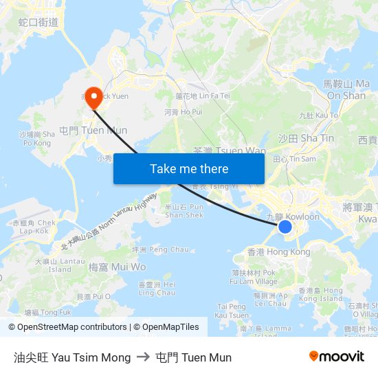 油尖旺 Yau Tsim Mong to 屯門 Tuen Mun map