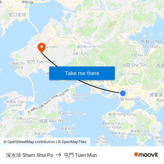 深水埗 Sham Shui Po to 屯門 Tuen Mun map