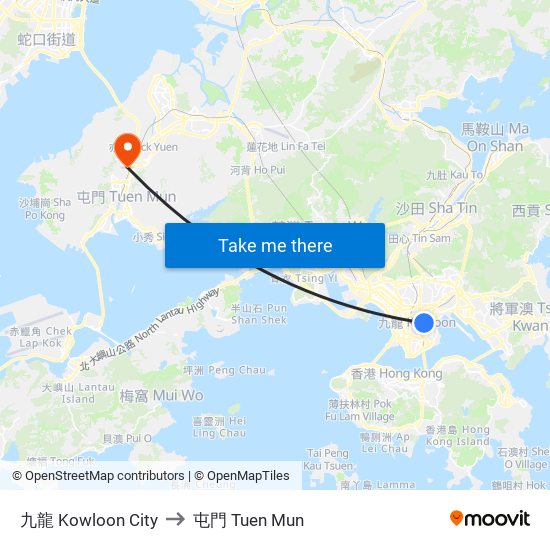 九龍 Kowloon City to 屯門 Tuen Mun map