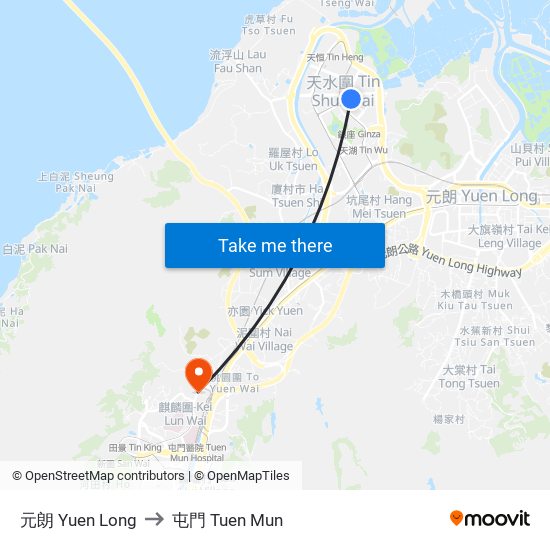 元朗 Yuen Long to 屯門 Tuen Mun map