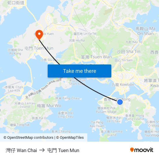 灣仔 Wan Chai to 屯門 Tuen Mun map