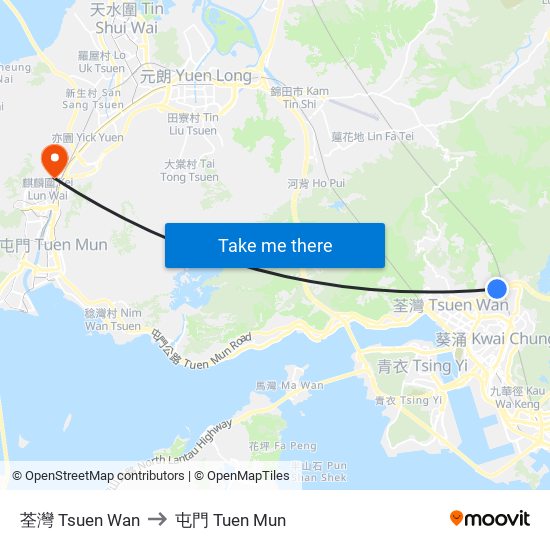 荃灣 Tsuen Wan to 屯門 Tuen Mun map