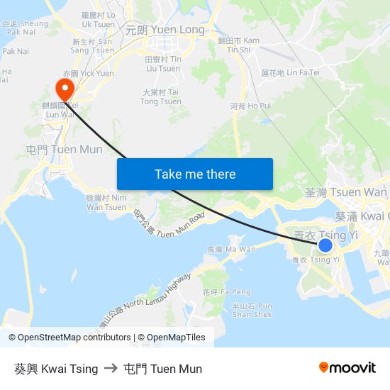葵興 Kwai Tsing to 屯門 Tuen Mun map