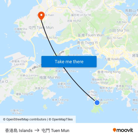 香港島 Islands to 屯門 Tuen Mun map