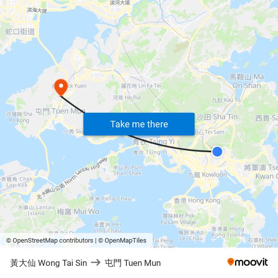 黃大仙 Wong Tai Sin to 屯門 Tuen Mun map