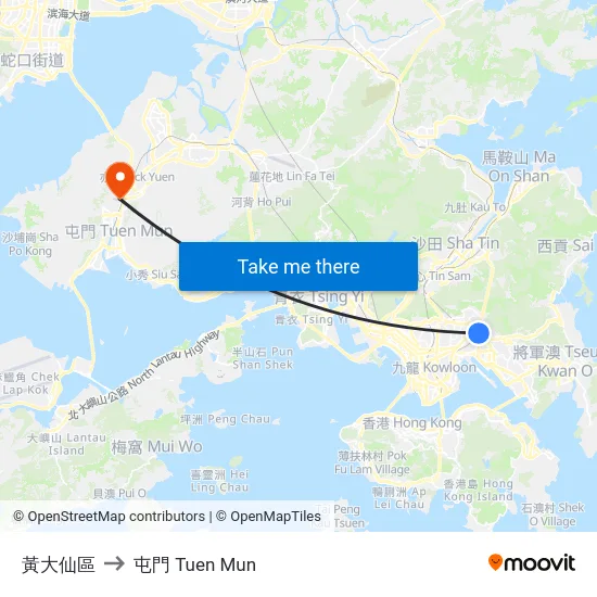 黃大仙區 to 屯門 Tuen Mun map