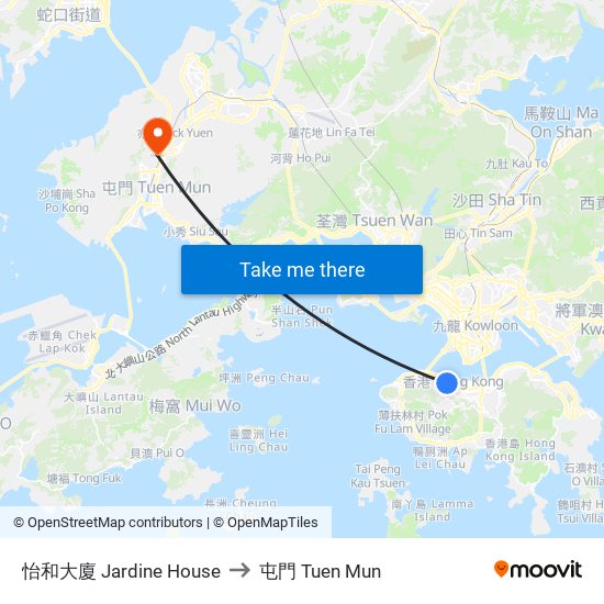 怡和大廈 Jardine House to 屯門 Tuen Mun map