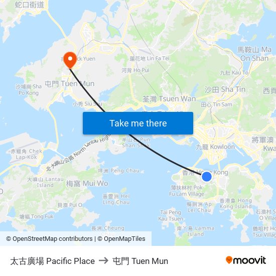 太古廣場 Pacific Place to 屯門 Tuen Mun map