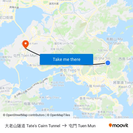 大老山隧道 Tate's Cairn Tunnel to 屯門 Tuen Mun map