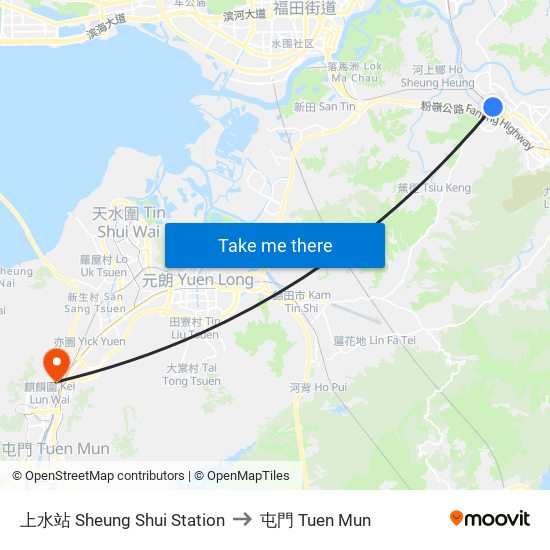 上水站 Sheung Shui Station to 屯門 Tuen Mun map