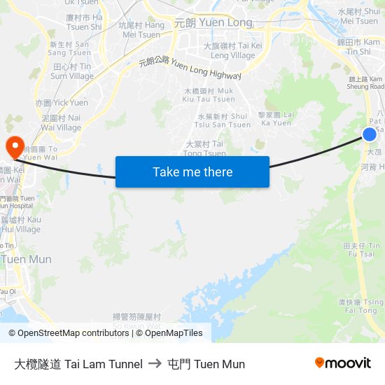 大欖隧道 Tai Lam Tunnel to 屯門 Tuen Mun map