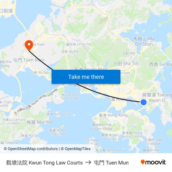 觀塘法院 Kwun Tong Law Courts to 屯門 Tuen Mun map