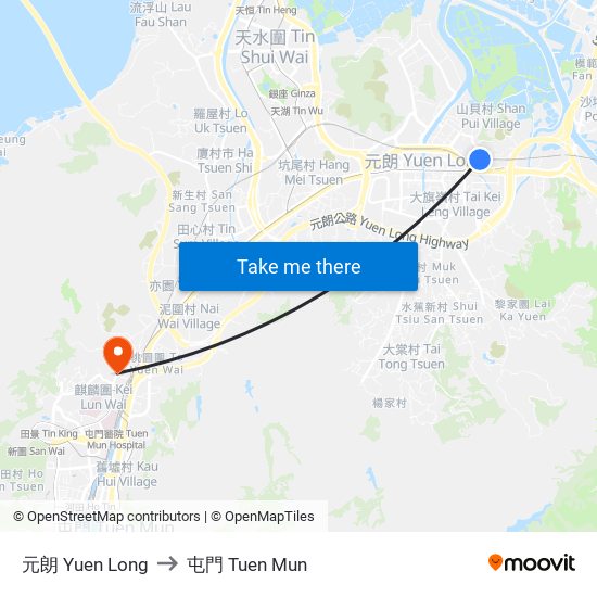 元朗 Yuen Long to 屯門 Tuen Mun map