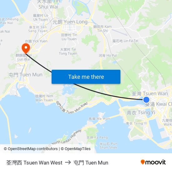 荃灣西 Tsuen Wan West to 屯門 Tuen Mun map