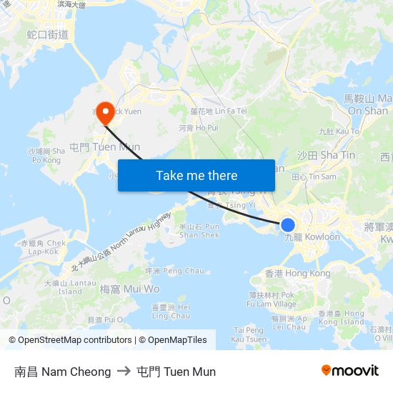 南昌 Nam Cheong to 屯門 Tuen Mun map