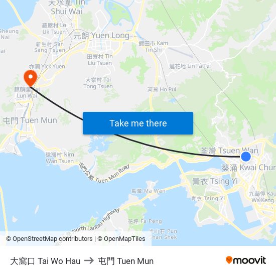 大窩口 Tai Wo Hau to 屯門 Tuen Mun map