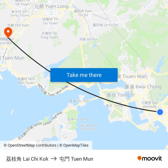 荔枝角 Lai Chi Kok to 屯門 Tuen Mun map