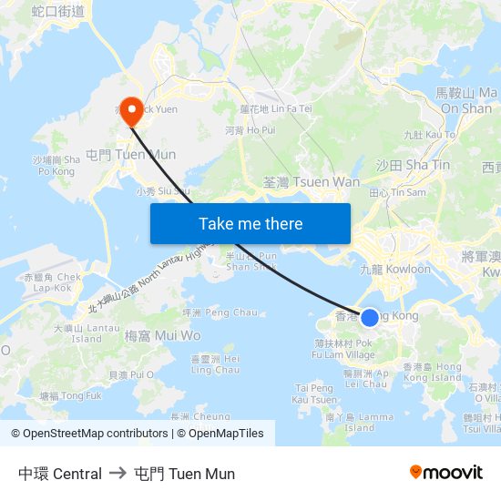 中環 Central to 屯門 Tuen Mun map