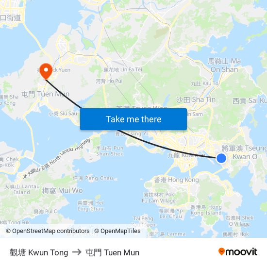 觀塘 Kwun Tong to 屯門 Tuen Mun map