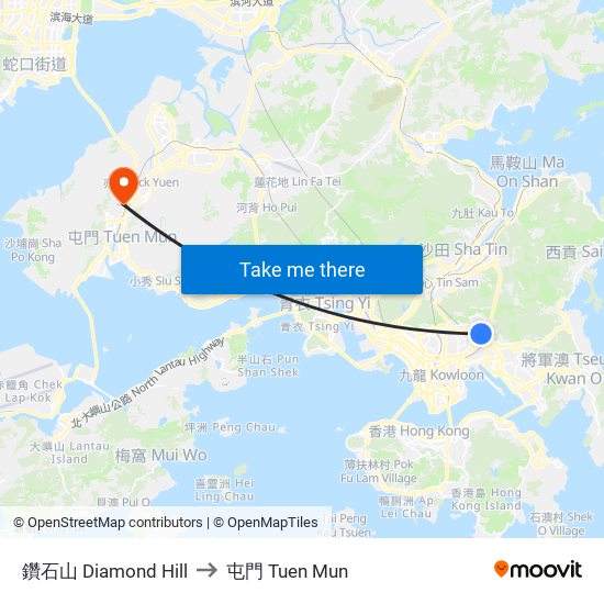 鑽石山 Diamond Hill to 屯門 Tuen Mun map