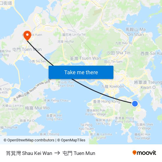 筲箕灣 Shau Kei Wan to 屯門 Tuen Mun map