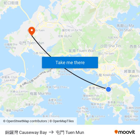 銅鑼灣 Causeway Bay to 屯門 Tuen Mun map