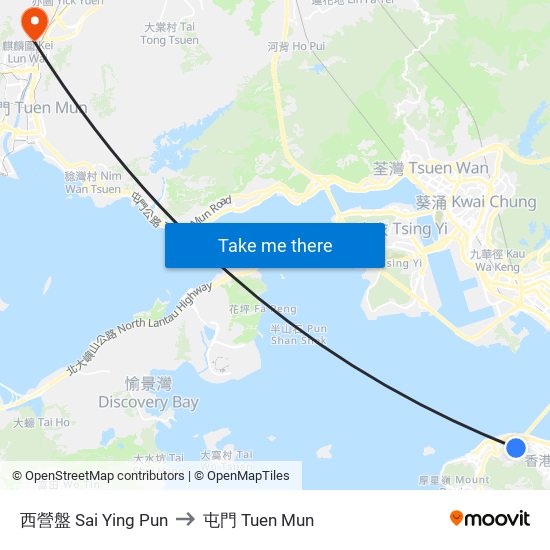 西營盤 Sai Ying Pun to 屯門 Tuen Mun map