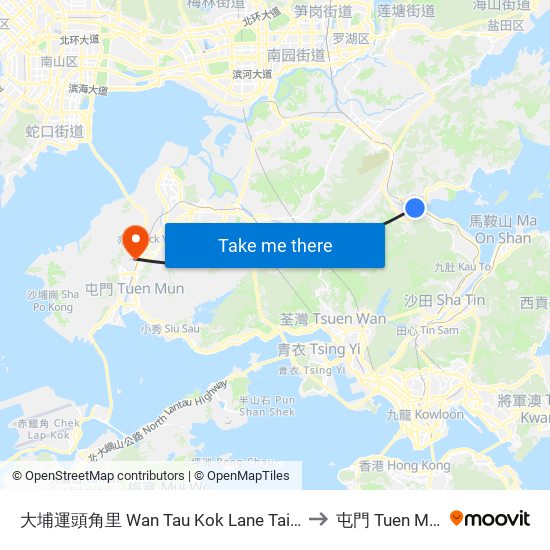 大埔運頭角里 Wan Tau Kok Lane Tai Po to 屯門 Tuen Mun map